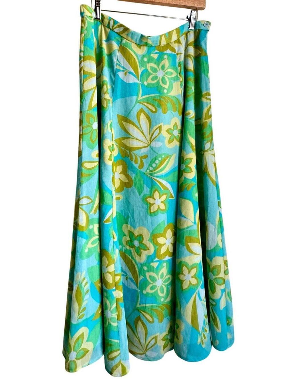 Vintage Coldwater Creek Blue Green Floral Midi Skirt A-Line